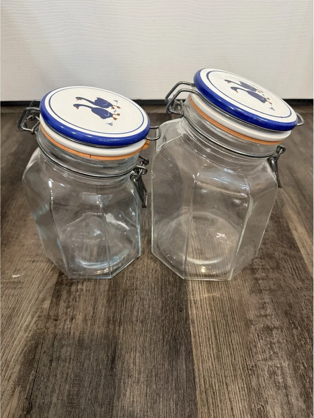 Geese Set Of 2 Vintage Italian Glass Canister Storage Jars w/Locking Cottagecor